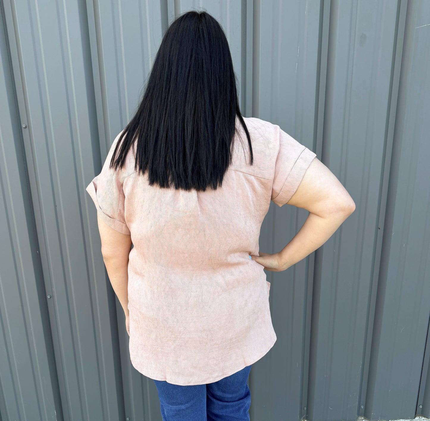 Rose Linen Button Collar Top - Plus