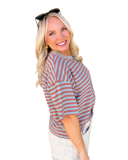 Double Striped Short Sleeve Top - Blue