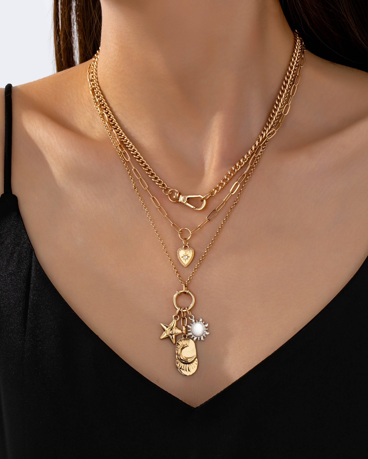 Multi Layer Celestial Star Moon Charm Necklace