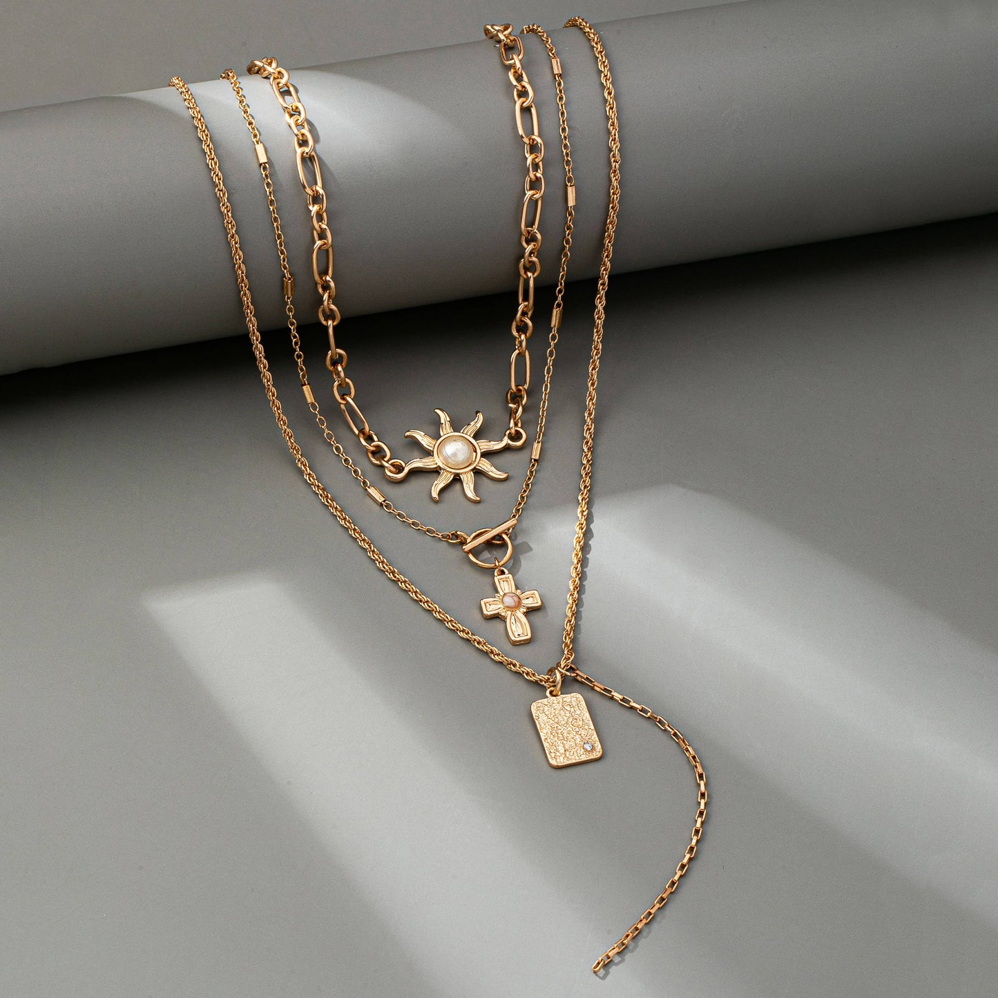 Layer Celestial Cross Sun Charm Necklace
