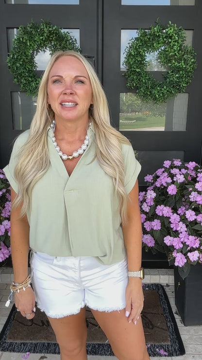 Split Neck Linen Blouse - Olive
