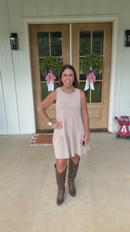 Sleeveless Crewneck Tiered Mini Dress - Tan