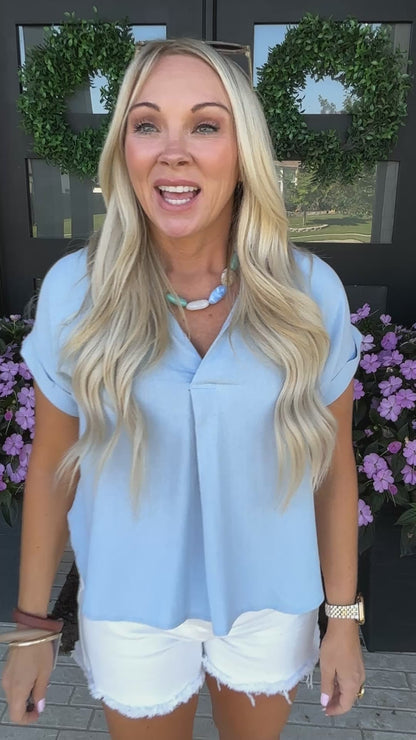 Split Neck Linen Blouse - Blue