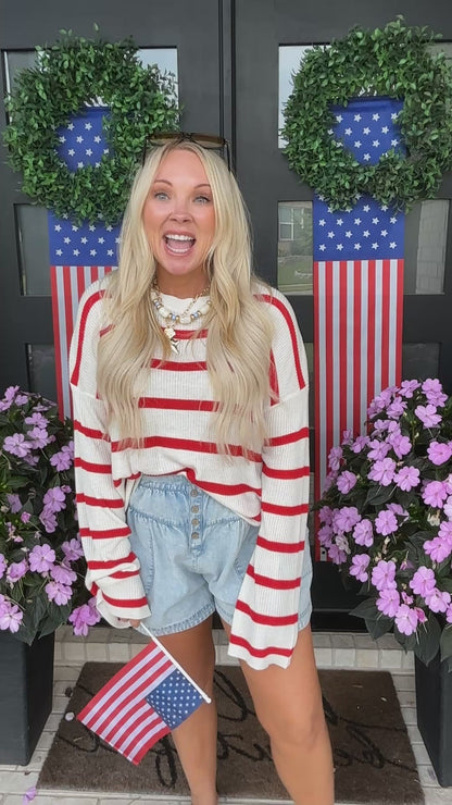 Lightweight Wide-Sleeve Striped Sweater - Red