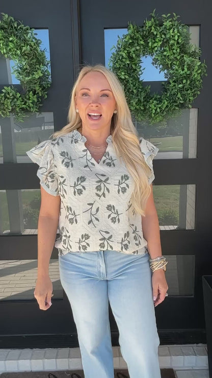Olive Botanical Ruffle Blouse