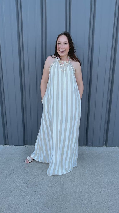 Striped Halter Neck A-Line Maxi Dress - Taupe