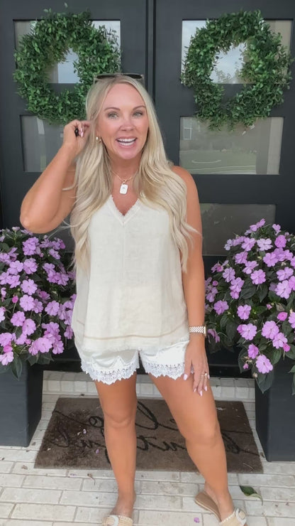 Frayed Stitch Detail Sleeveless Top - Natural